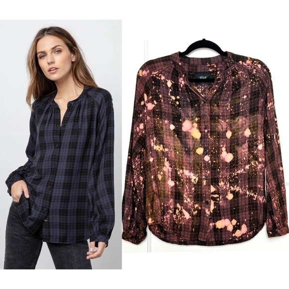 RAILS Acid Wash Plaid Lightweight Flannel Collarless Button Up Long Sleeve Top S - Picture 1 of 6